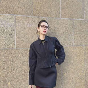 早春新款 女5300236 极简风黑色显瘦时尚 休闲纯色衬衫