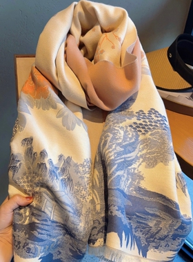法国Cansay Kaer又见青花~秋冬羊绒围巾女长款披肩百搭山水画围脖
