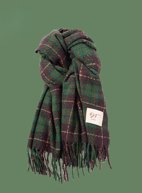 Moons Lee绿色围巾女款2025秋冬季保暖高级感格子圣诞围脖披肩男