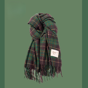 Moons Lee绿色围巾女款2025秋冬季保暖高级感格子圣诞围脖披肩男