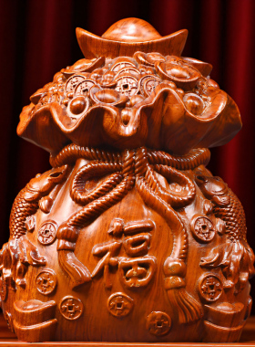 木雕福袋摆件实木乾坤袋子聚宝盆