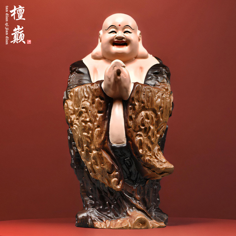 黑檀实木雕刻彩绘弥勒佛像摆件新中式笑佛客厅玄关公司笑佛装饰品