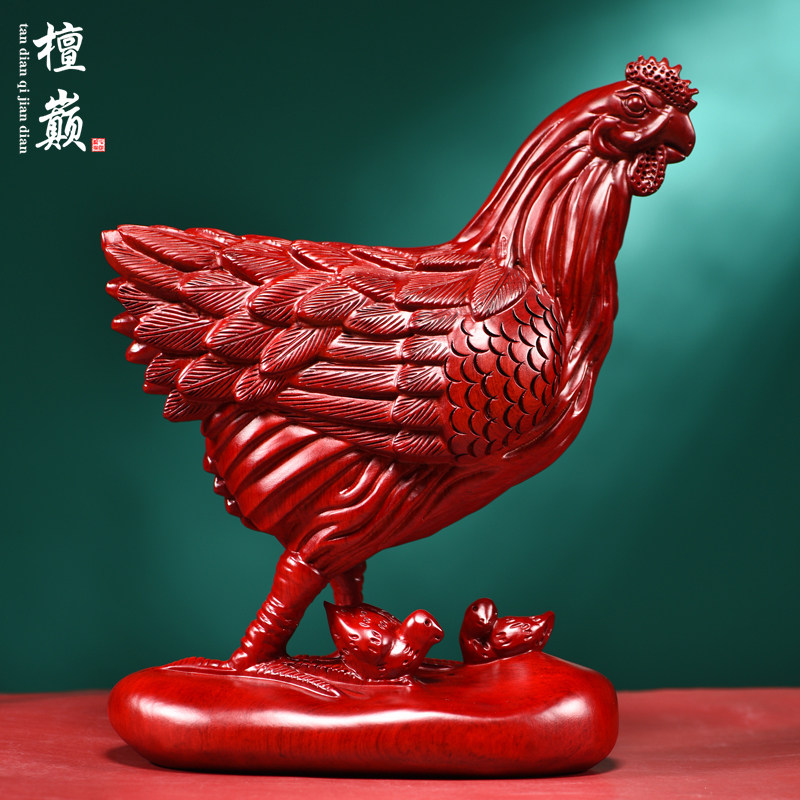红花梨木雕母鸡摆件实木家居装饰