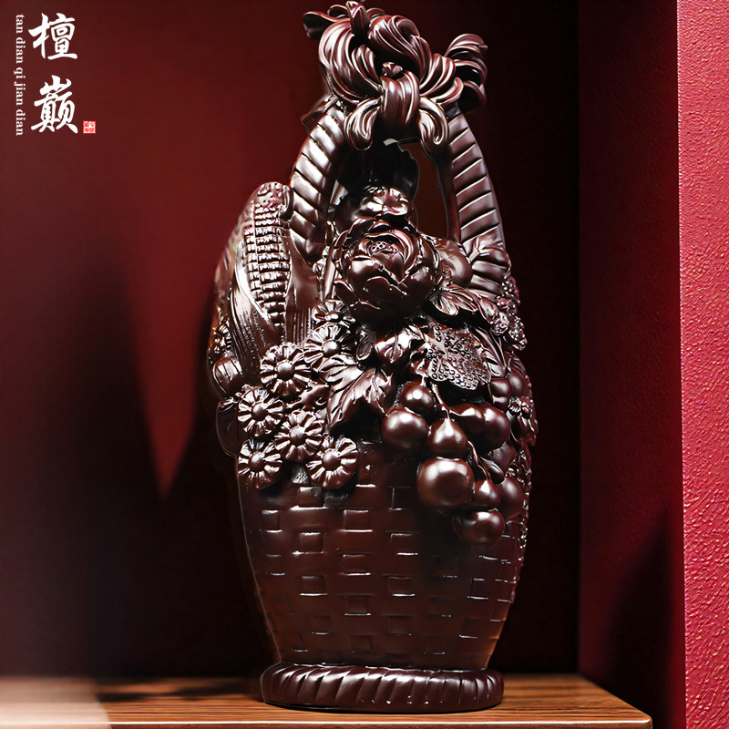 黑檀木雕大丰收花篮摆件实木装饰