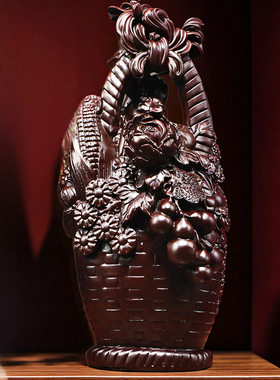 黑檀木雕大丰收花篮摆件实木装饰