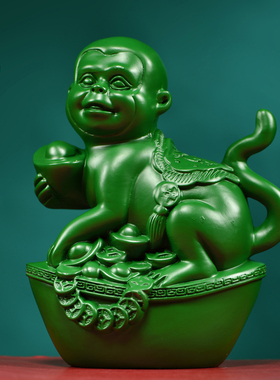 绿色实木雕刻猴子摆件生肖装饰