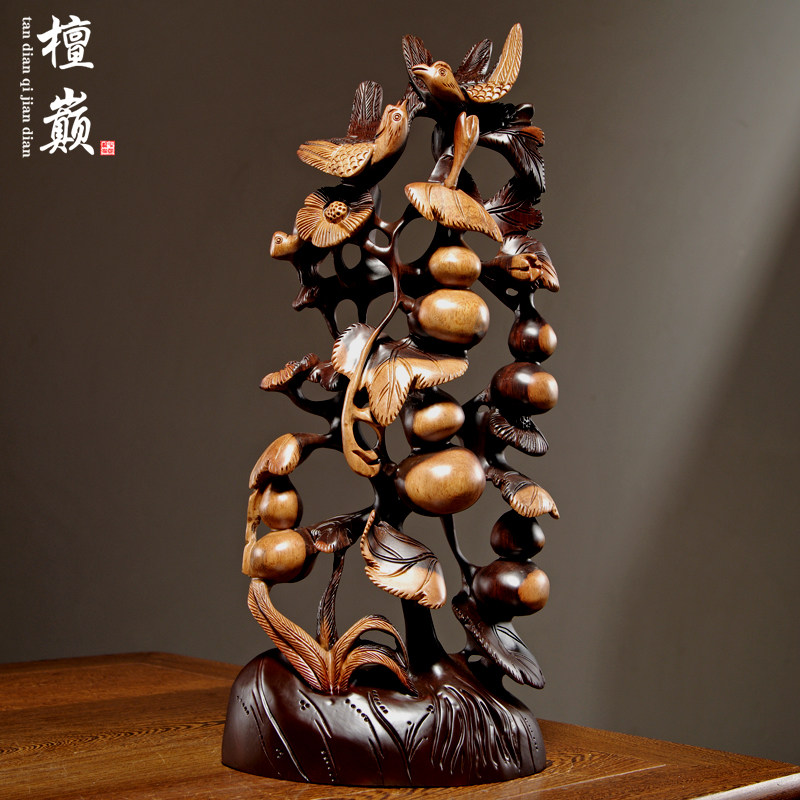 黑檀木雕刻五福临门葫芦摆件红木家居客厅装饰乔迁新居送礼工艺品