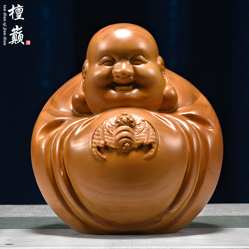 香樟木雕弥勒佛像摆件实木笑佛福在眼前家居客厅办公柜台中式装饰