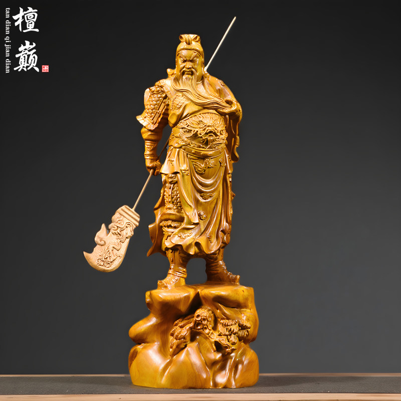 香樟木雕关帝圣君关公像摆件实木武财神关羽家居客厅玄关办公装饰