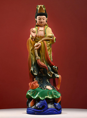 实木雕刻观音菩萨佛像摆件新中式彩绘观世音家居客厅玄关装饰礼品