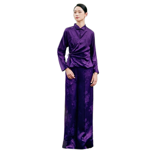 吉祥斋女装紫灵檀上衣长裤紫色提花斜襟