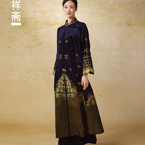 吉祥斋京城大观中式立领刺绣呢大衣女长款金边装饰气质外套