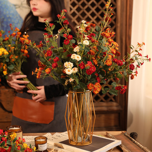 轻奢仿真花蔷薇客厅摆件北欧干花