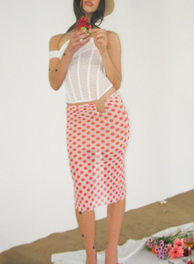 NOLA 南法风情红色波点 辣妹异形开口弹力包臀波边半身裙