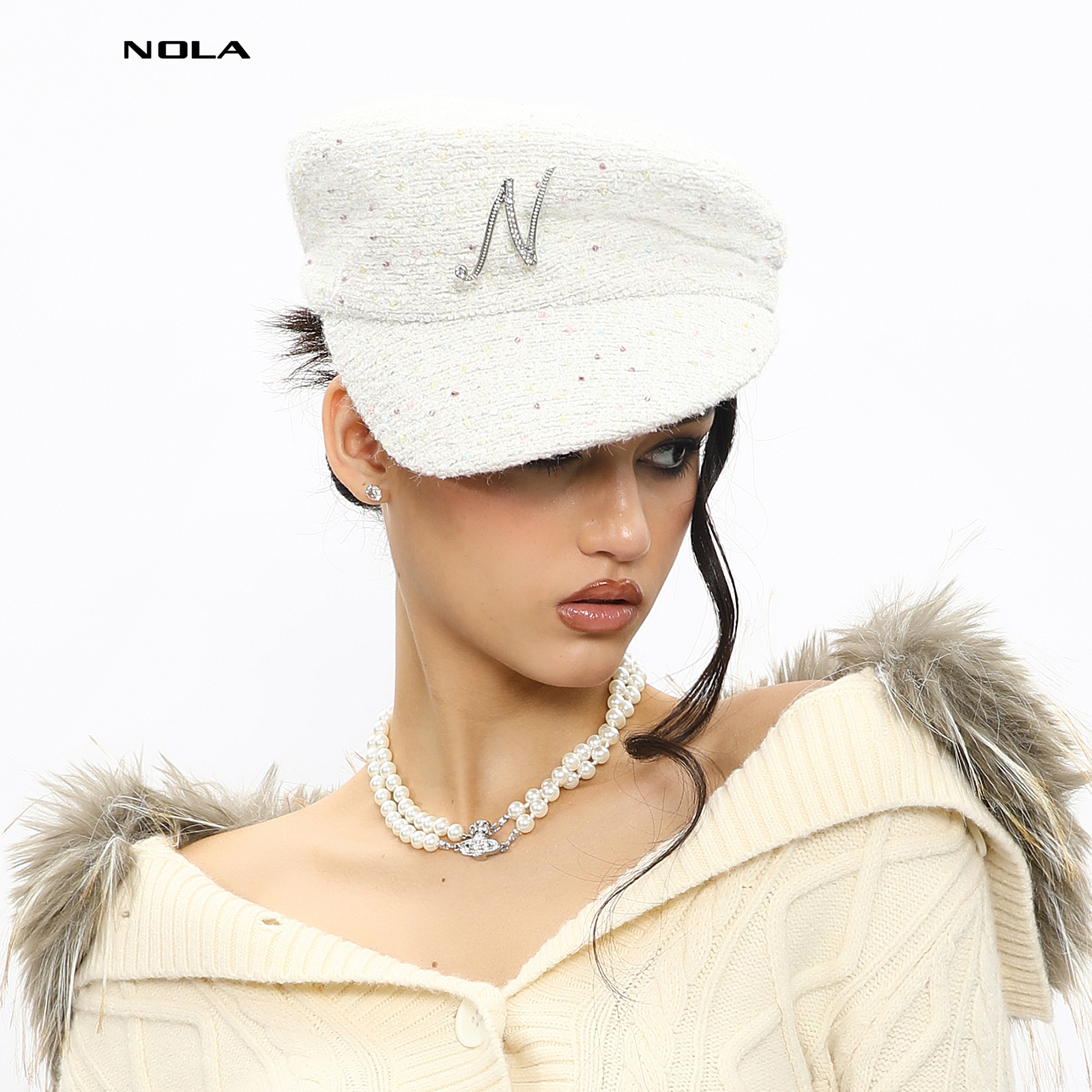 NOLA*Lady Beret 千金大小姐 原创水钻小香风名媛斜帽檐贝雷帽