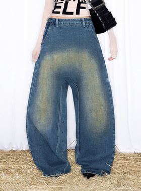 NOLA* Baggy Jeans 掉档做旧水洗垂感宽松廓形搭片弯刀香蕉牛仔裤