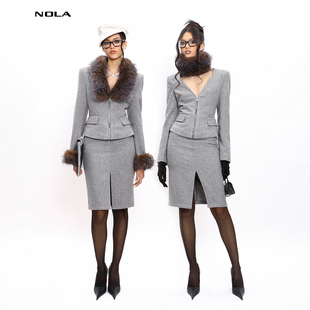Siren 半身裙套装 Suit 大毛领可拆卸V领西装 律政佳人 NOLA