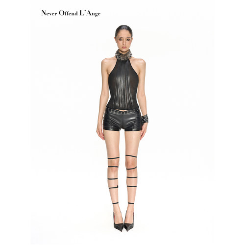 皮质流苏拼接高毛领性感网纱吊带