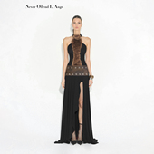 NOLA 野蛮女王 棕毛拼接水洗做旧皮烫钻挂脖高开叉连衣裙