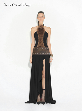 NOLA 野蛮女王 棕毛拼接水洗做旧皮烫钻挂脖高开叉连衣裙