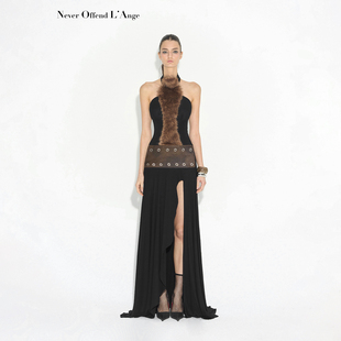 NOLA 棕毛拼接水洗做旧皮烫钻挂脖高开叉连衣裙 野蛮女王