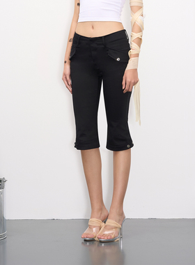 NOLA 黑色中低腰两穿百搭基础工装口袋微喇/紧身弹力七分裤