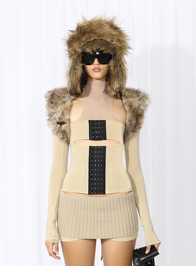 NOLA*Khaki Sweater Suit 卡其排扣网纱拼接针织上衣毛织短裤套装