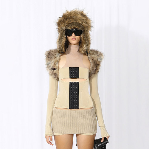 NOLA*Khaki Sweater Suit 卡其排扣网纱拼接针织上衣毛织短裤套装