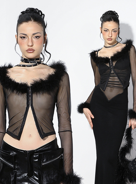 NOLA*Fur Longsleeves 毛边法式排扣网纱透视开衫长袖