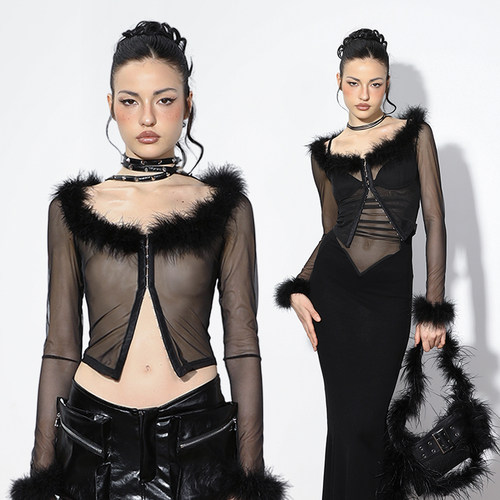 NOLA*Fur Longsleeves 毛边法式排扣网纱透视开衫长袖