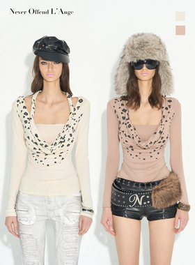 NOLA 野性豹点扭结麻花荡领V领一字肩性感长袖打底上衣