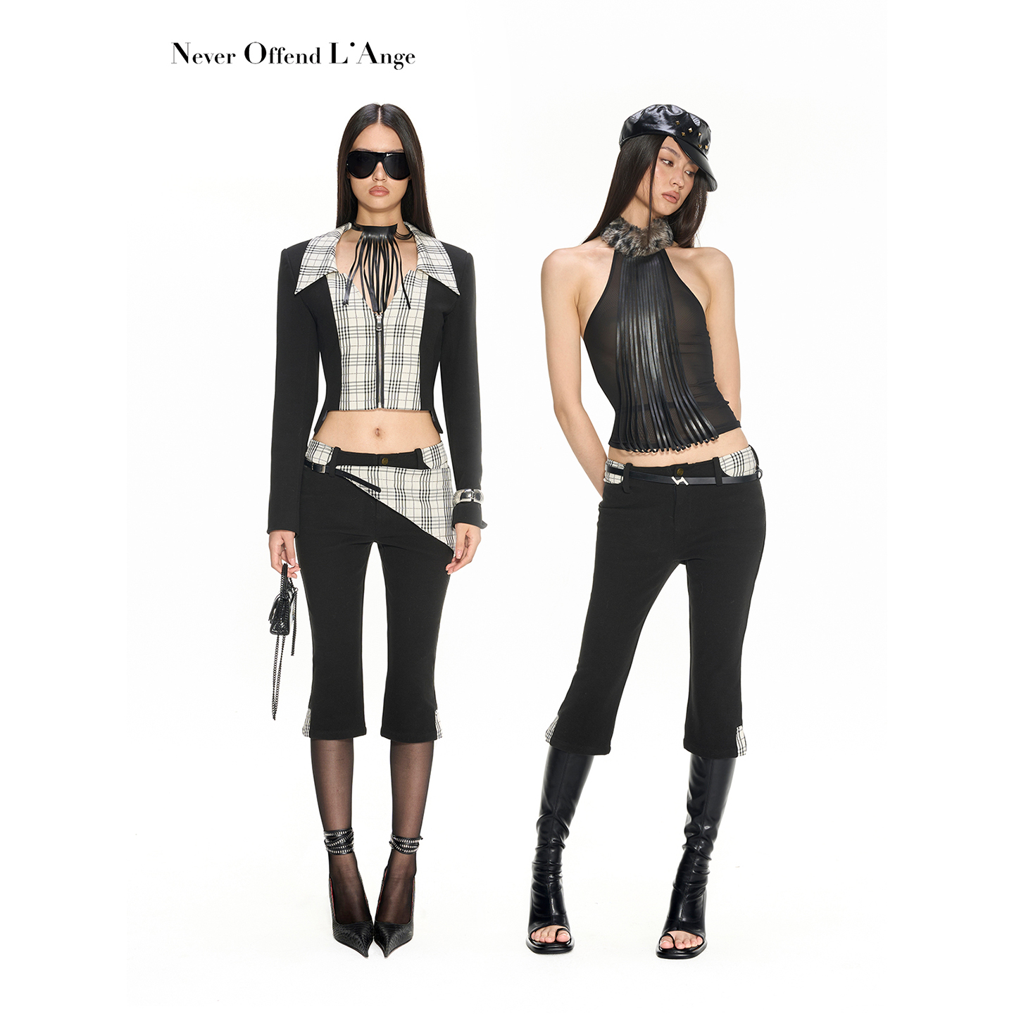 NOLA海妖格纹 深V领开衩拉链短款毛呢西装外套马术微喇七分裤套装