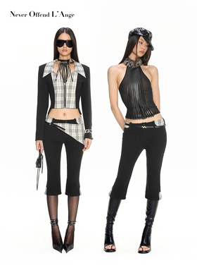 NOLA海妖格纹 深V领开衩拉链短款毛呢西装外套马术微喇七分裤套装