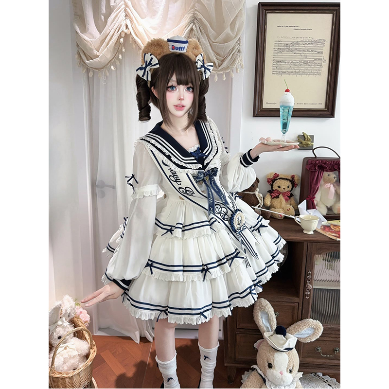 白色海军领三段式lolita裙op绶带徽章甜美洛丽塔日常洋装公主裙