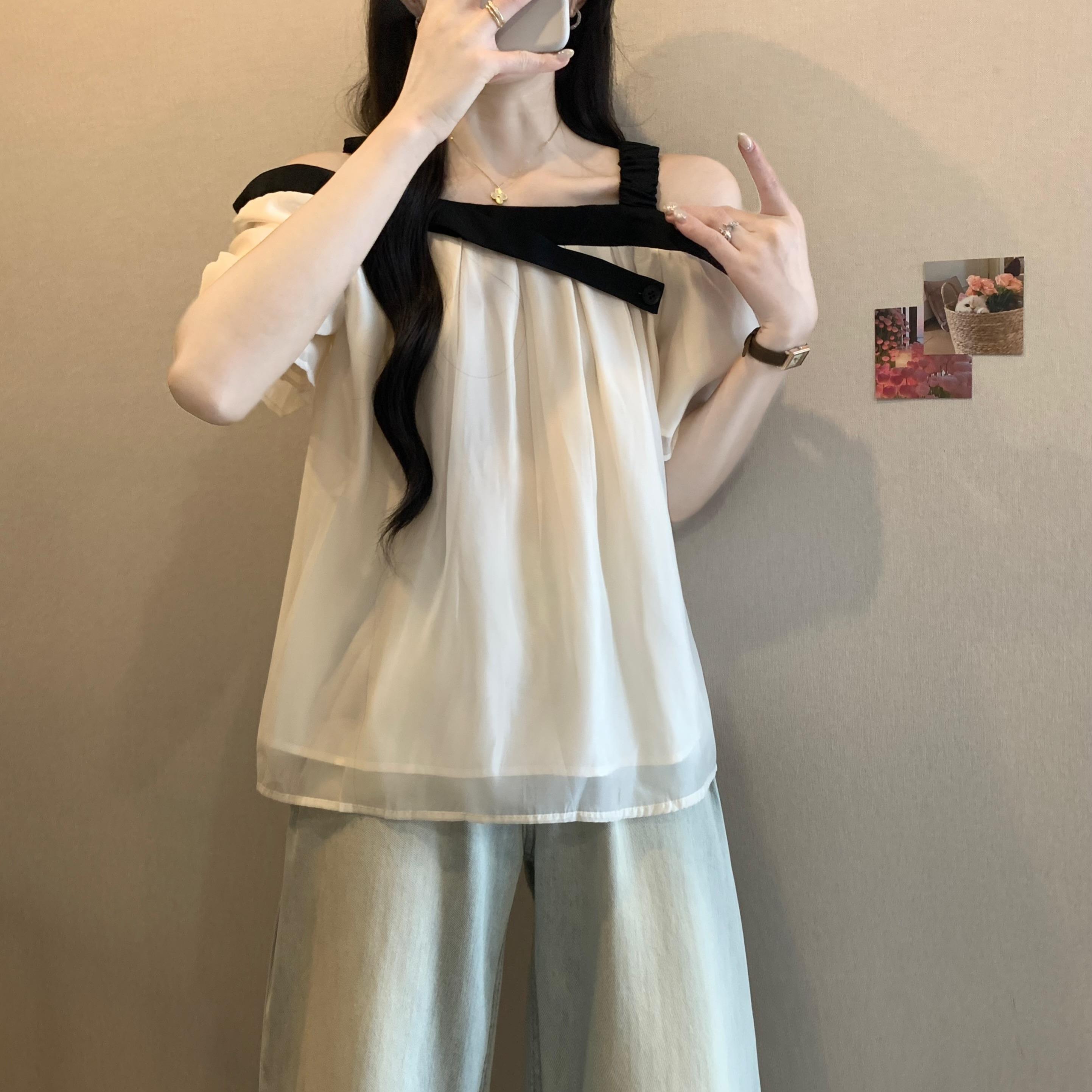 一字肩短袖衬衫女2025夏季新款爆款显瘦吊带雪纺衫露肩上衣高级感