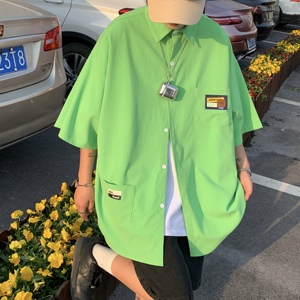 胖胖哥短袖衬衫男士ins潮牌设计感大码衬衣夏季港风宽松百搭外套图片