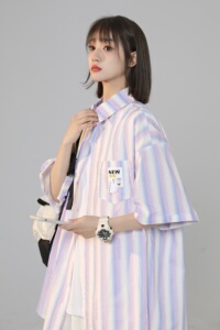 XZ-230-1CS218中性风高品质扎染渐变水墨全棉休闲短袖衬衫P48控68图片