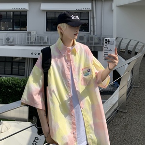 XZ-230-1CS219清凉一夏全棉宽松水墨扎染渐变休闲短袖衬衫P48控68，男装T恤，星座230-1