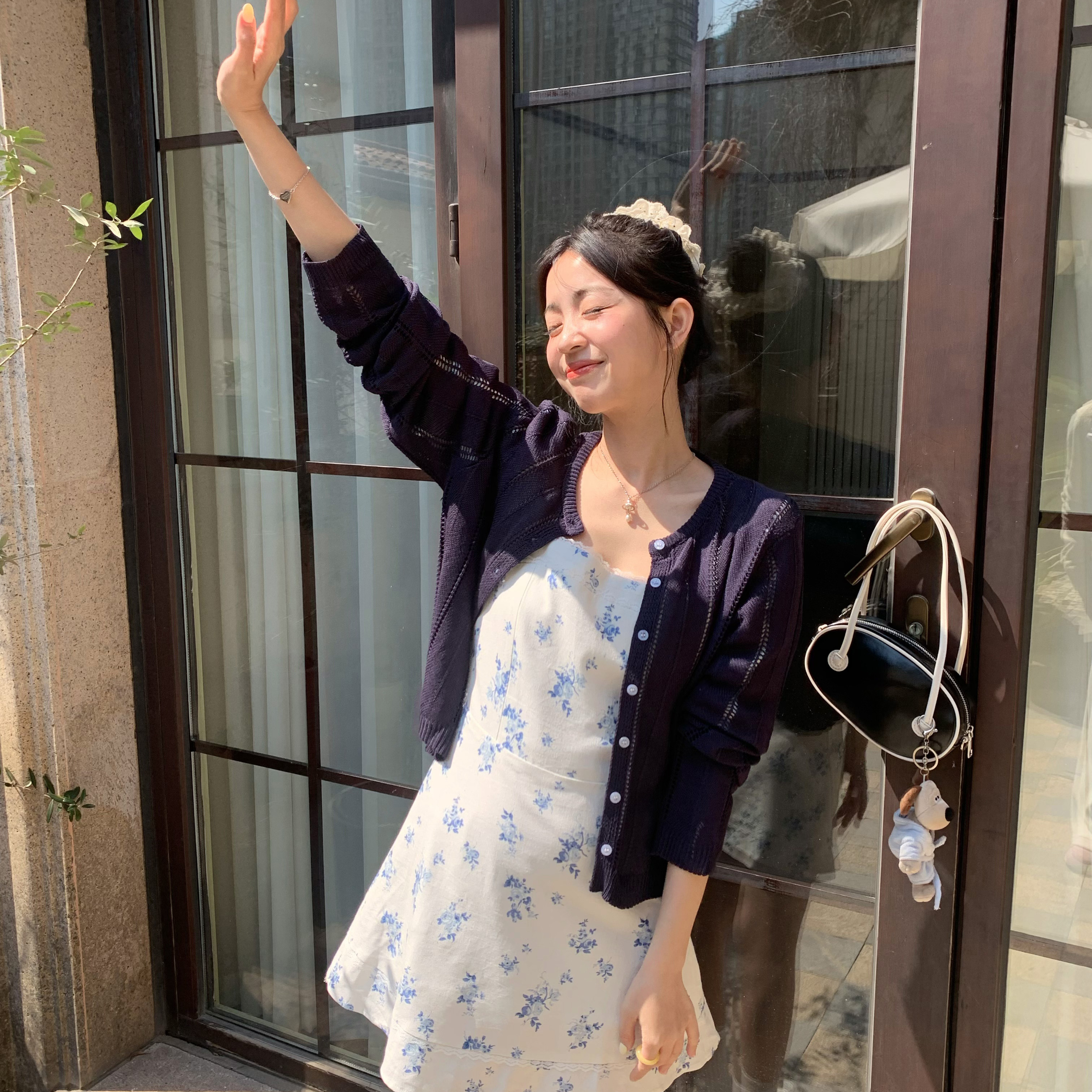 一只西由XIYO秀智法式蓝色初恋碎花方领连衣裙短袖短裙/针织衫夏