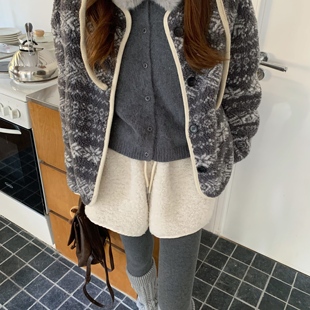 宽松高腰外穿加厚毛绒靴裤 一只西由XIYO羊羔毛抽绳短裤 女冬季