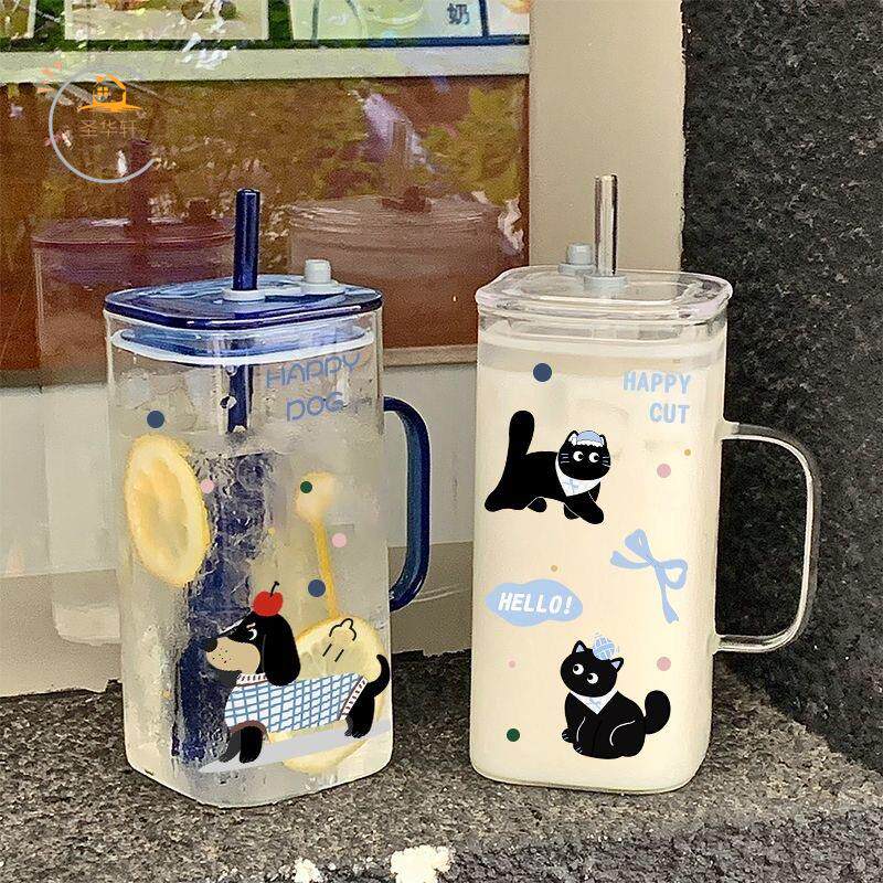 玻璃杯女高颜值杯子办公室大容量带把手水杯方形透明吸管杯咖啡杯