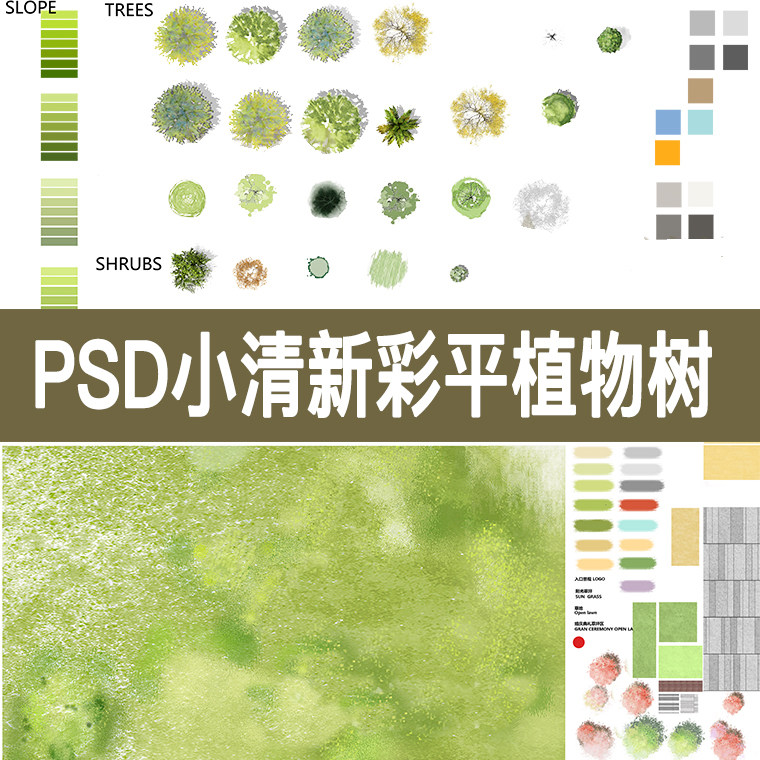 景观建筑小清新灰调ps彩平图竞赛风植物平面树psd彩色平面图配景