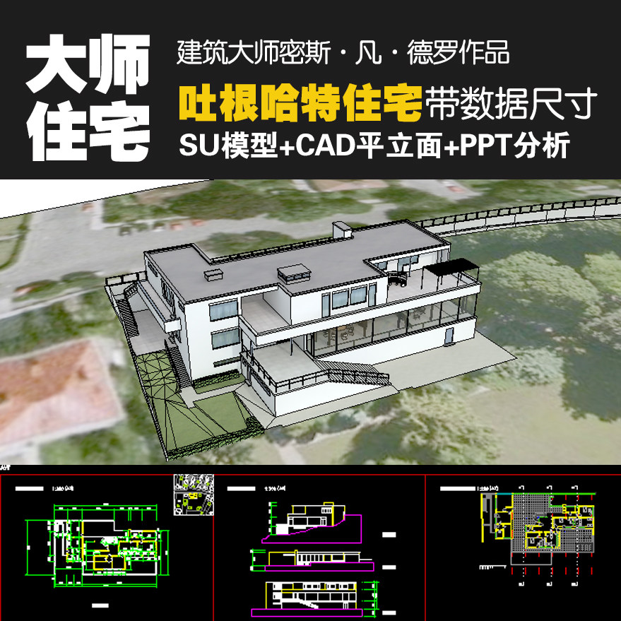 建筑大师密斯凡德罗住宅别墅作品吐根哈特cad平立剖su模型ppt分析