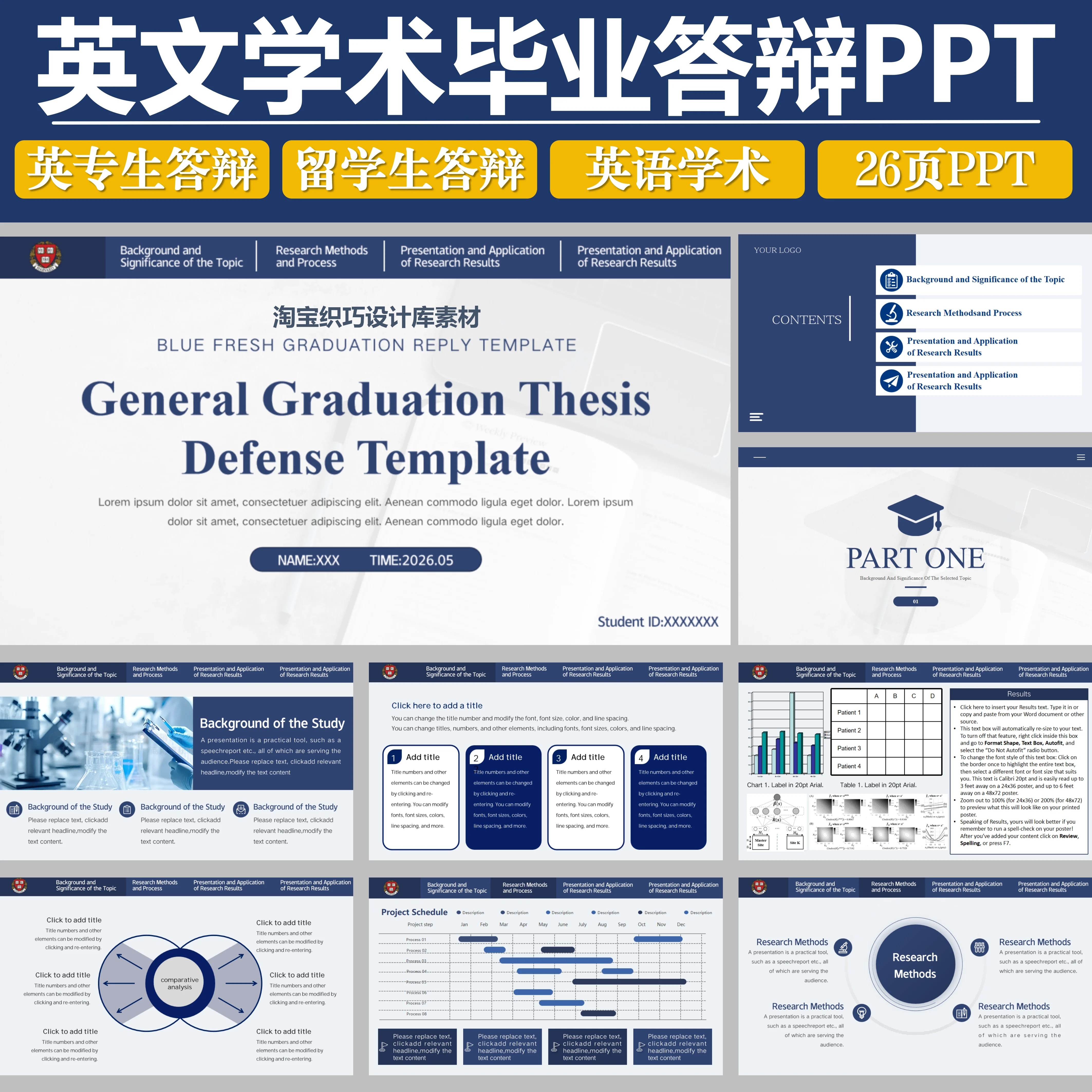 蓝色英语学术答辩ppt模板学术本科博硕士留学生英文科研开题答辩图片