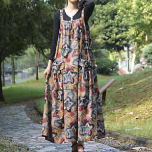 大口袋 印花棉麻背带连衣裙宽松大摆长裙 实拍2025春秋女装 民族风