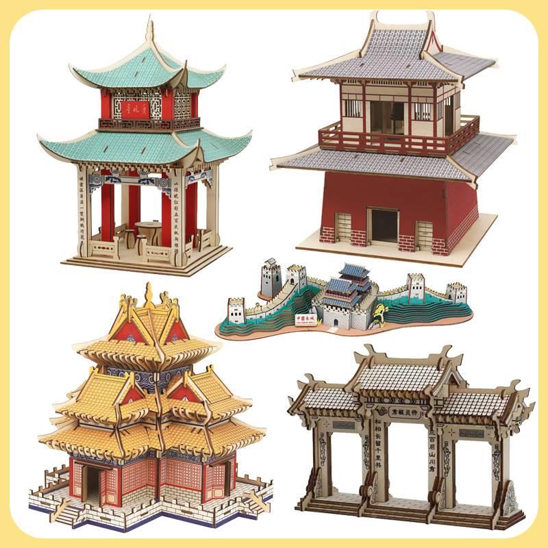 厂家直销木制3D立体拼图中国风建筑模型益智手工活动地摊玩具