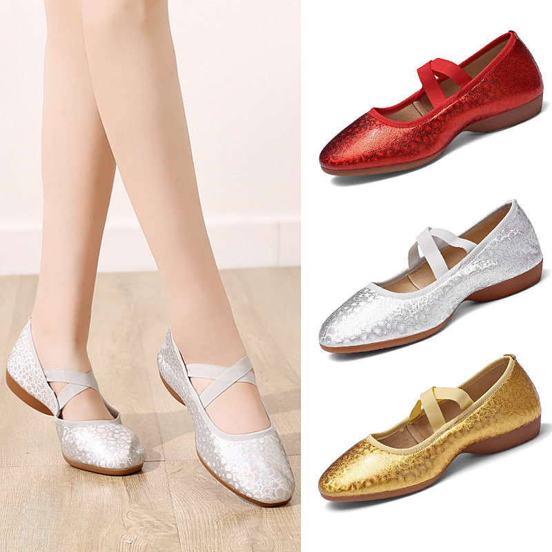 广场舞蹈鞋平底包包鞋炫彩舞鞋跳舞鞋软皮透气松紧带一脚蹬舞鞋女