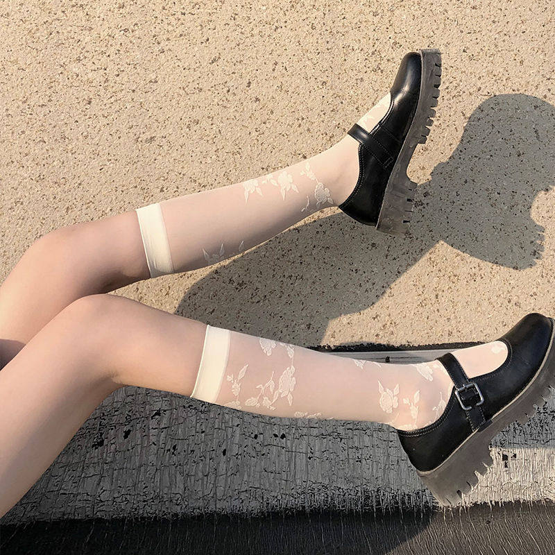 法式玫瑰花蔷薇花小腿袜中筒袜少女复古宫廷风花朵过膝连裤袜子女
