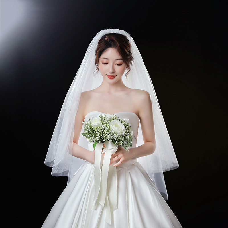 简约婚礼色头纱礼服素网纱裸纱双层大拖尾长款浪漫