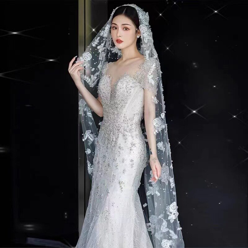 新款法式菠萝花蕾丝头纱奢华闪钻超长拖尾软纱新娘超仙白复古